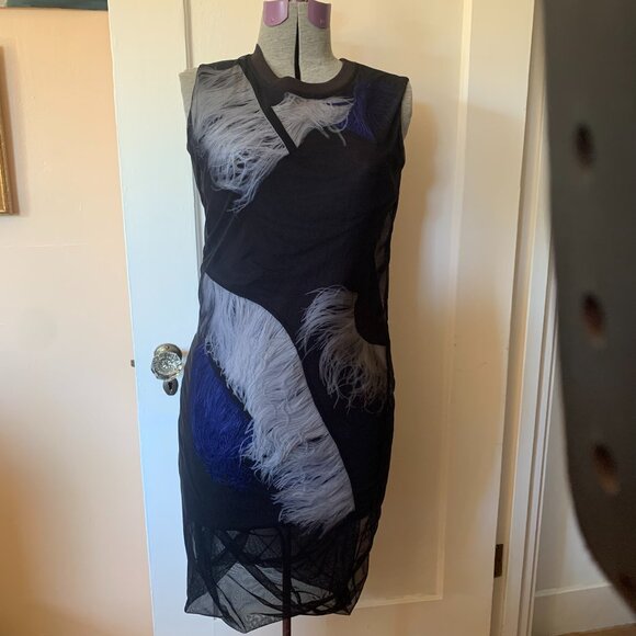 Rare McQ Alexander McQueen Women's XS Feather Dress Darkest Black Sheath Stretch - Picture 2 of 10